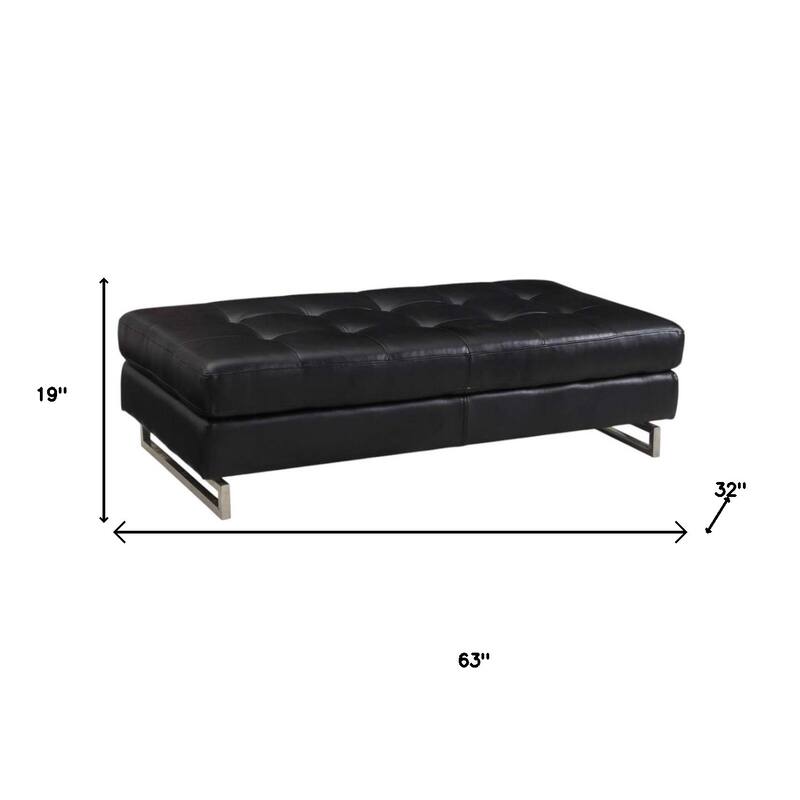HomeRoots 63" Black Tufted Faux Leather and Silver Ottoman
