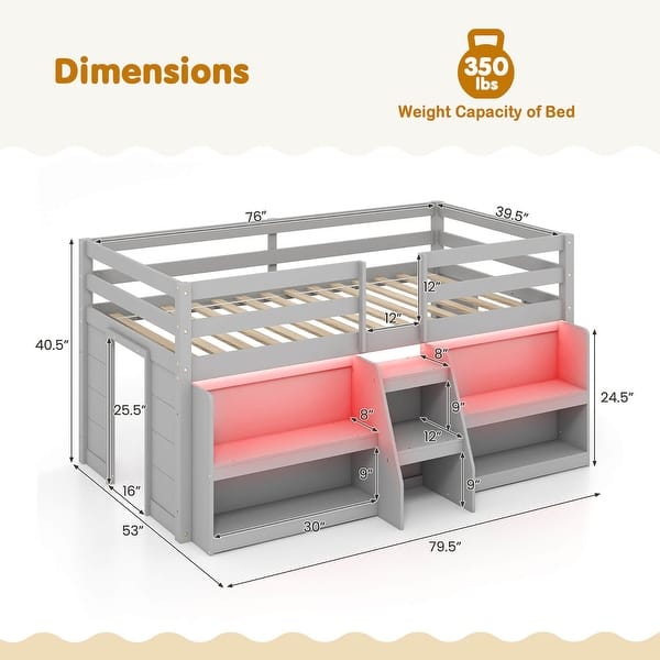dimension image slide 1 of 2, Gymax Twin Size Loft Bed w/ LED Lights Staircase & Safety Guardrail