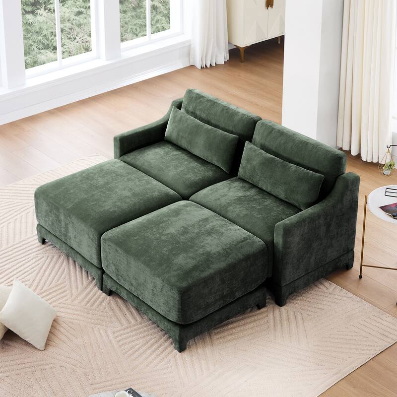 73.2" Chenille 2-Seater Sofa with Ottoman, 2 Pillows & Solid Wood Frame