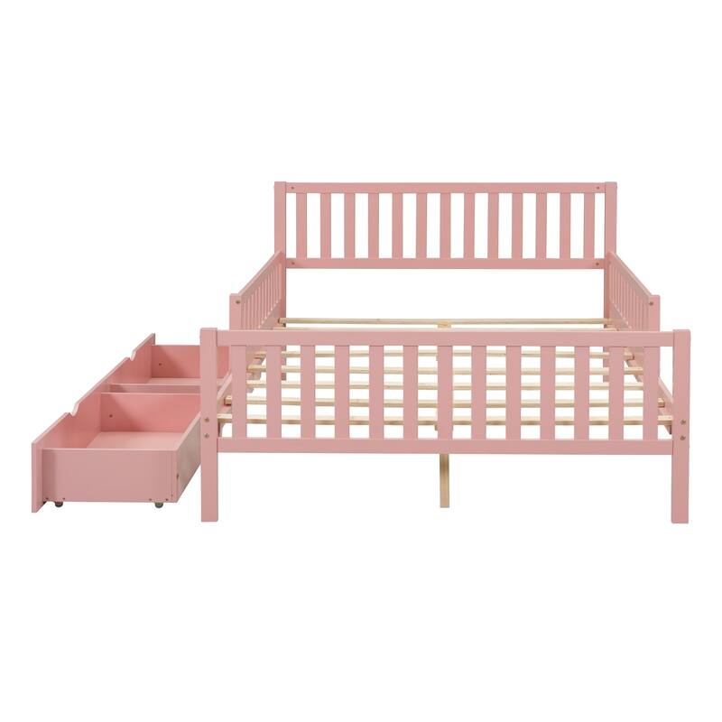 Full Size Wooden Bed with Guardrails & 2 Storage Drawers