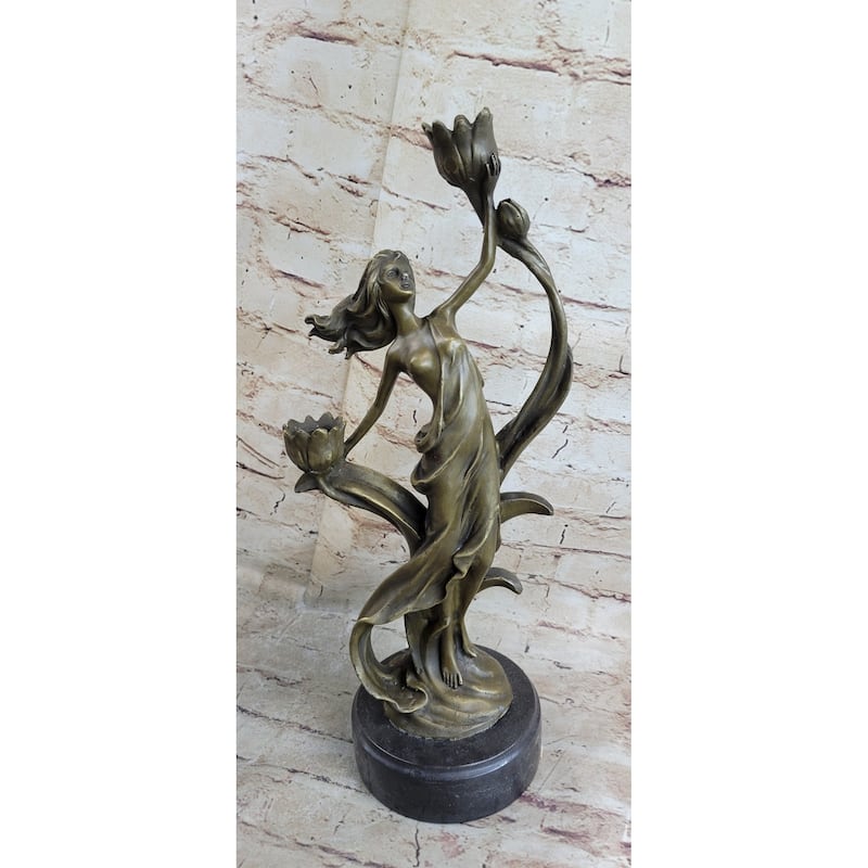 Handcrafted Wood Nymph Bronze Candleholder Sculpture Hot Cast Marble Base Figure