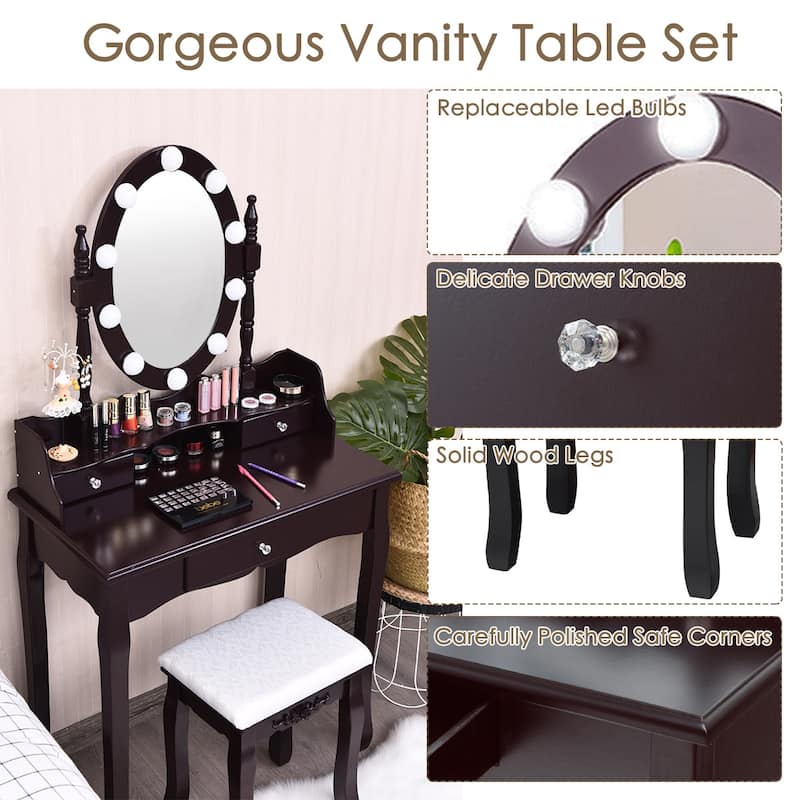 Costway Makeup Vanity Dressing Table 10 Dimmable Bulbs WhiteBlackBrown