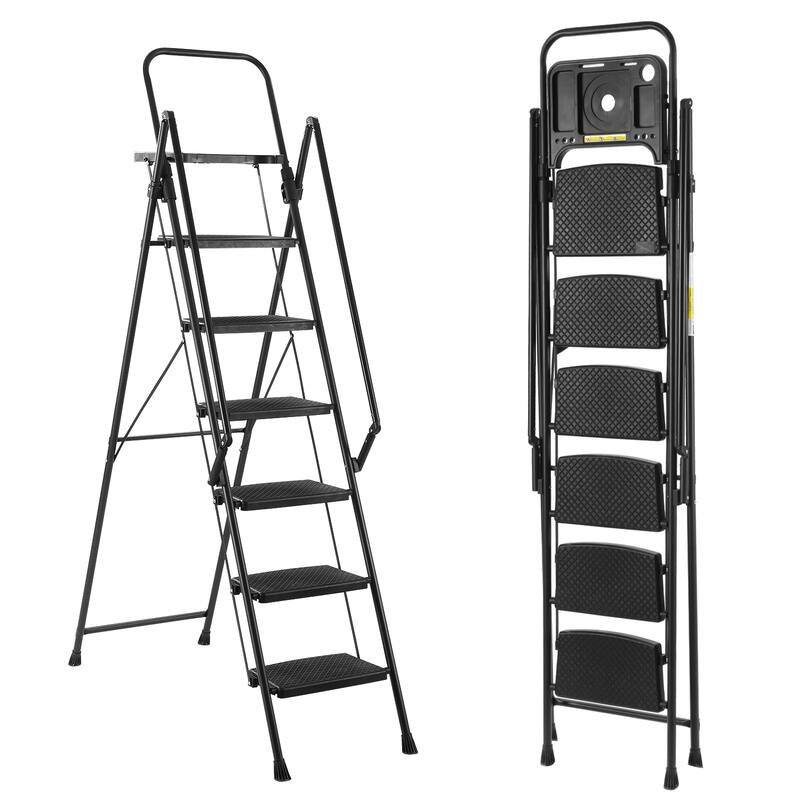 Anmytek Heavy Duty Folding Step Ladder with Built In Tool Tray and Foldable Handrail Non Slip Rubber Feet - Black