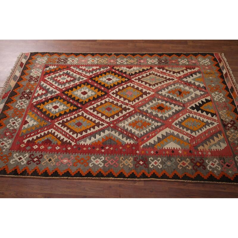 Flatweave Red & Pink Geometric Kilim Persian Vintage Area Rug - 4'4"x 6'9"