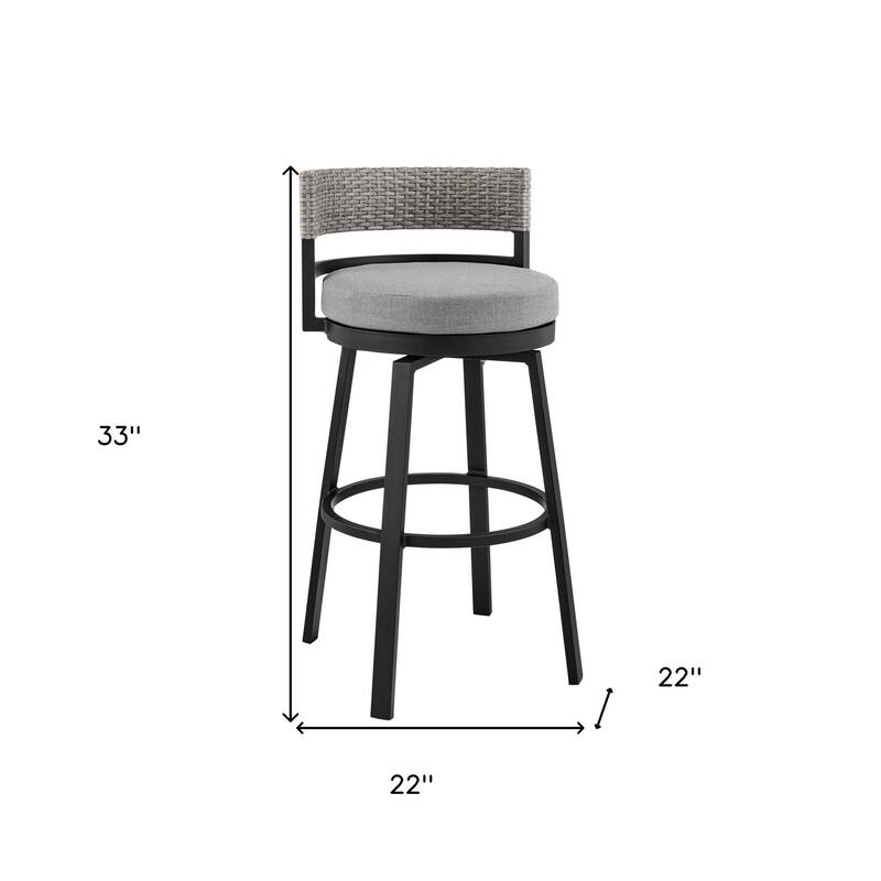 HomeRoots 33" Light Gray Metal Swivel Low back Outdoor Bar Height chair with Footrest