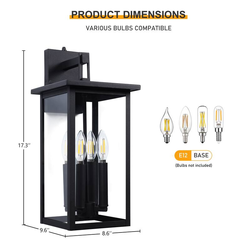 17.3"H 4-Light Outdoor Black Wall Lantern with Dusk to Dawn Sensor - W8.6" x D9.6" x H17.3"