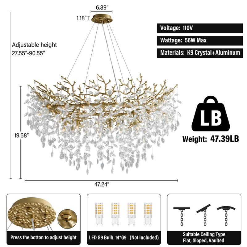 Modern Round Branch Crystal Chandelier, 600-1200mm Diameter, Marquise Cut Crystal Pendant Light