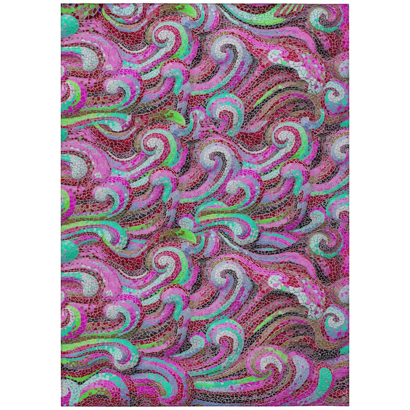 Indoor/ Outdoor Surfside Mosaic Waves Washable Rug New - Raspberry - 8' x 10'