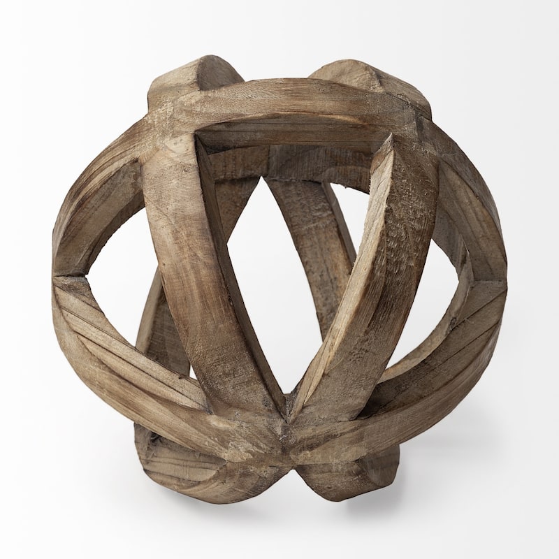 Brown Wooden Hollow Orb Sculpture - 8" W x 8" D x 8" H