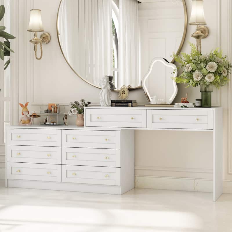 White Dresser & Vanity Set Luxurious Storage with Crystal Accents Desk
