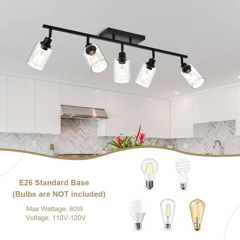 5-Light Vanity Light Bathroom Fixture with Clear Glass Shade, Rotating Metal Ceiling Spotlight Fixture with Track Heads