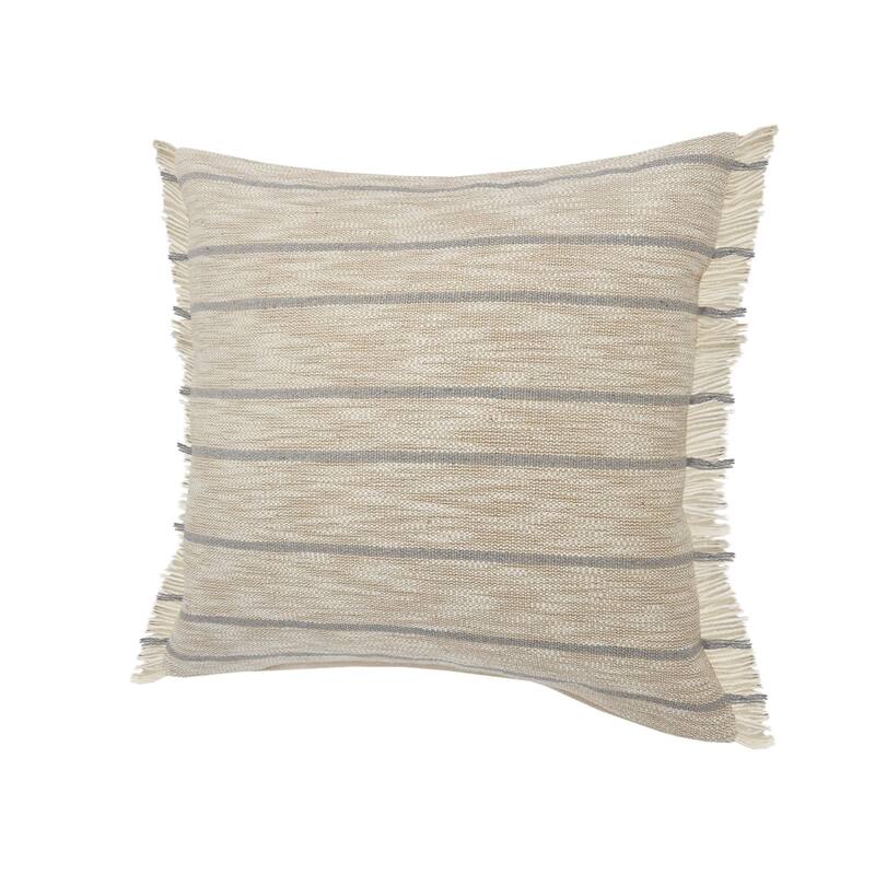 20" Taupe Brown and Blue Striped Square Throw Pillow with Fringe