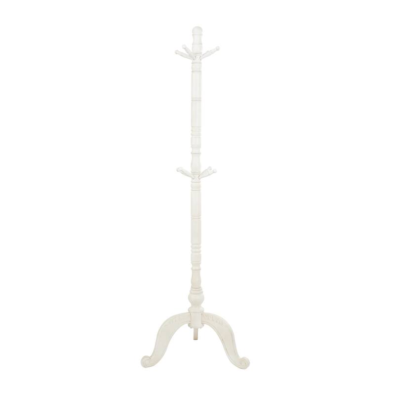 Wood 7 or 8 Hanger Coat Rack with Scrolled Feet and Leaf Carvings - Black or White - Roche River Decor - White