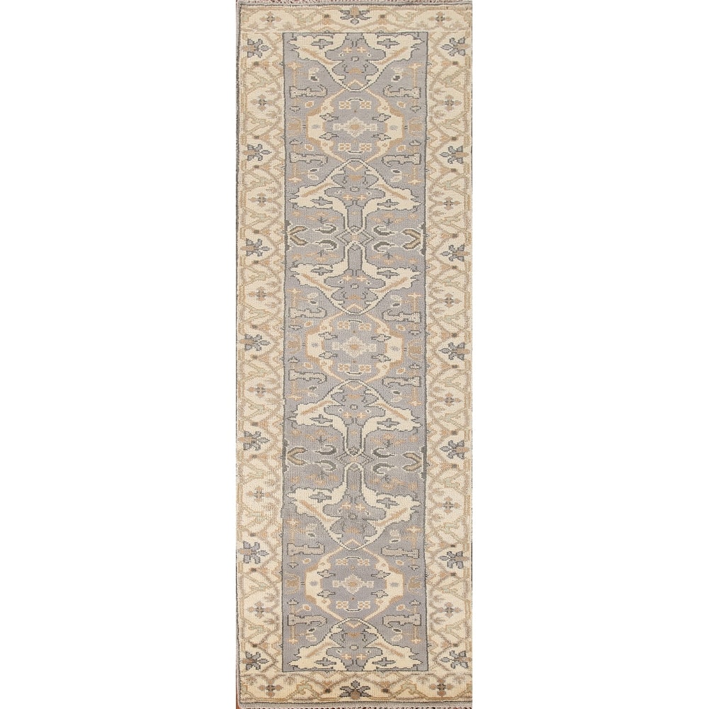 Grey Floral Oushak Runner Rug Hand-knotted Wool Carpet - 2'7"x 10'2"