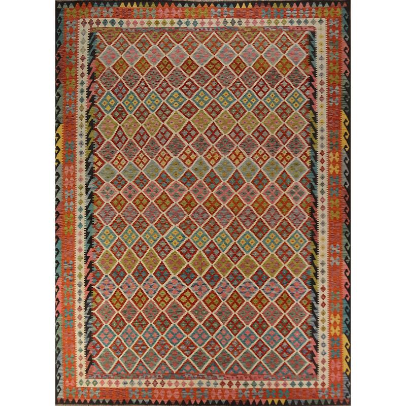 Trellis Geometric Kilim Oriental Area Rug Hand-Woven Wool Carpet - 10'0"x 13'0"