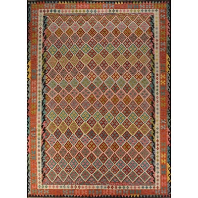Trellis Geometric Kilim Oriental Area Rug Hand-Woven Wool Carpet - 10'0"x 13'0"