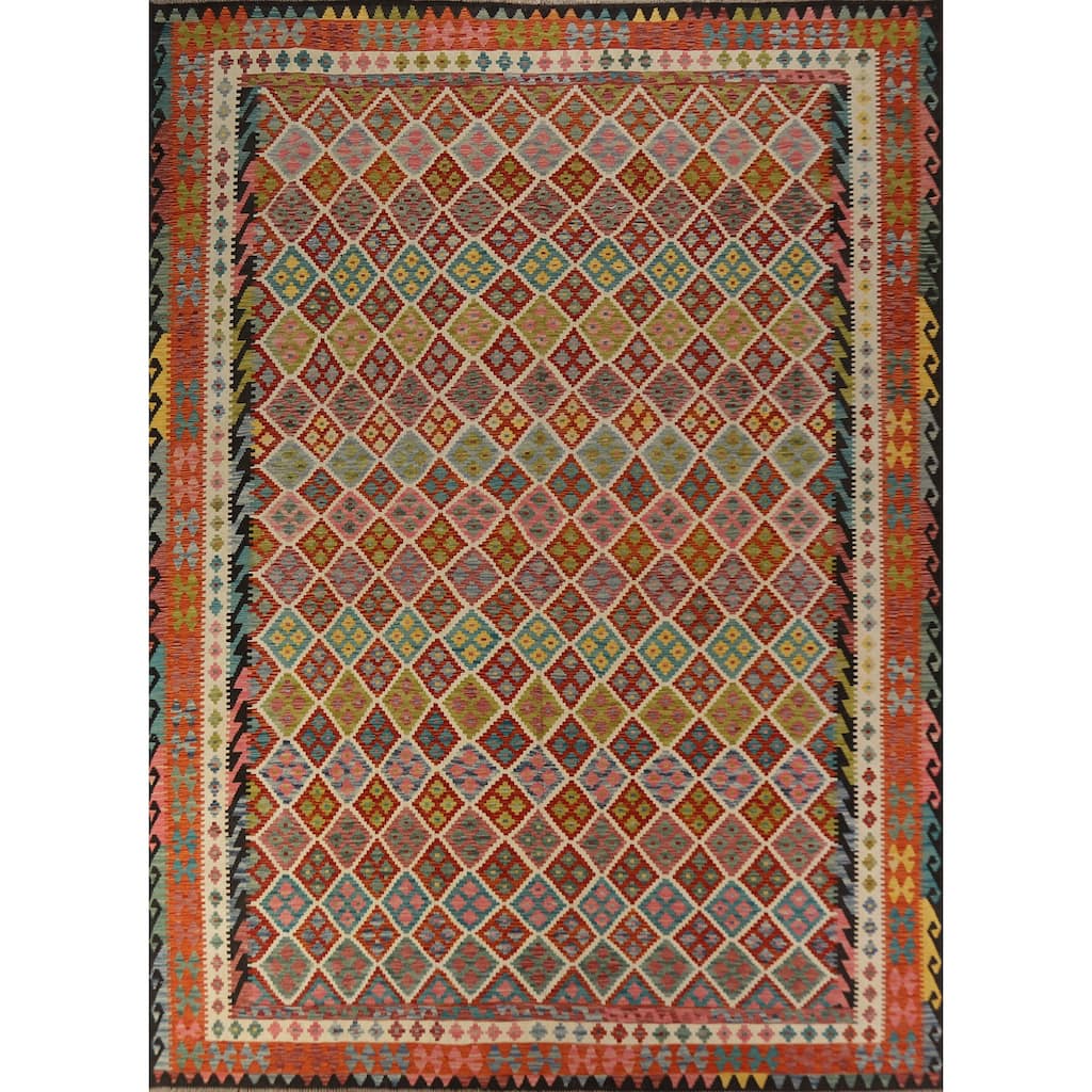 Trellis Geometric Kilim Oriental Area Rug Hand-Woven Wool Carpet - 10'0"x 13'0"