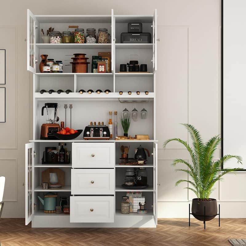 78.9''Pantry Buffet White Buffet with Wine Glass Rack Drawer and Hutch