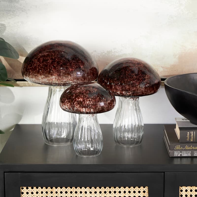 Red Glass Textured Mushroom Decorative Sculpture with Clear Stems (Set of 3) - Red