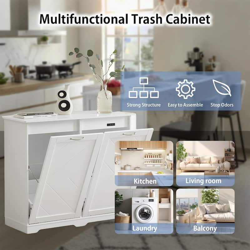 VECELO White Double Tilt Out Trash Cabinet with Negative Ion Deodorizing Function Hidden Trash Can Design for Kitchen