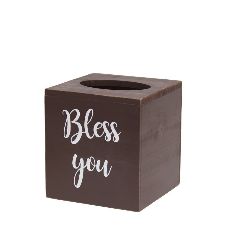 Elegant Designs Decorix Farmhouse Square Wooden Decorative Tissue Box Cover with "Bless you" Script - L: 5.5" x W: 5.5" x H: 6" - Brown wash