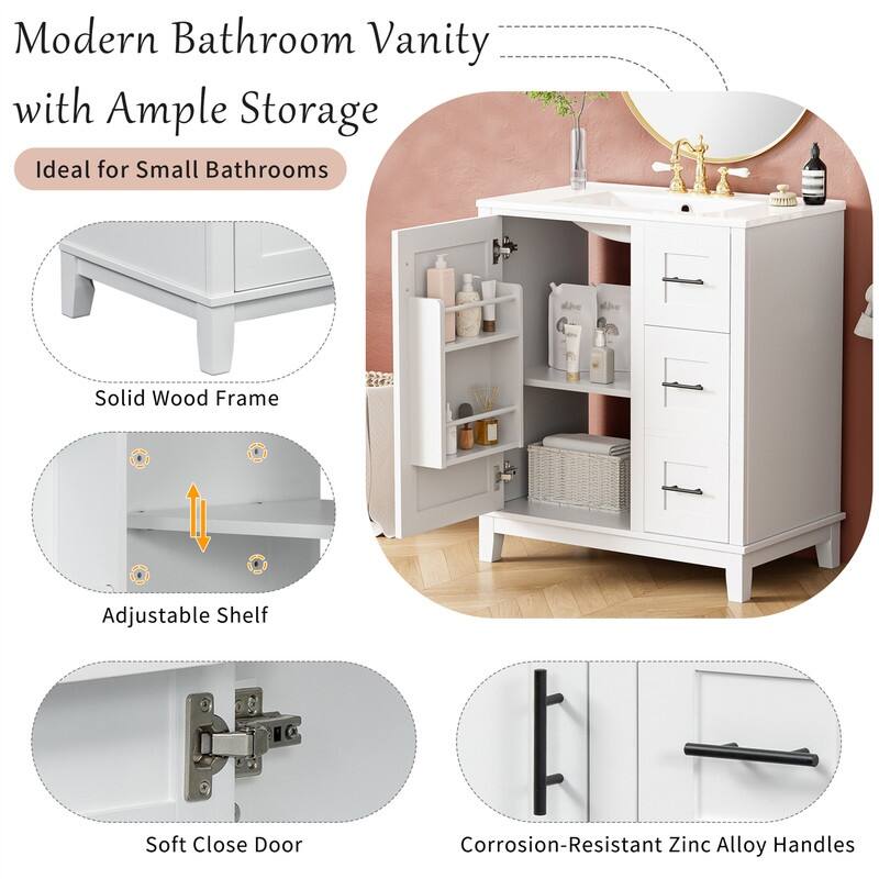 30'' Bathroom Vanity with Ceramic Sink, Freestanding Bathroom Vanity Cabinet with 3 Drawers, 1 Soft Close Door and Storage Rack