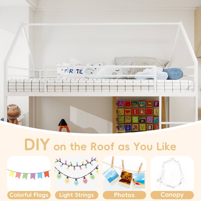 Twin over Twin Metal Bunk Bed with Safety Guardrail, No Box Spring Needed, Sturdy and Noise Reduced