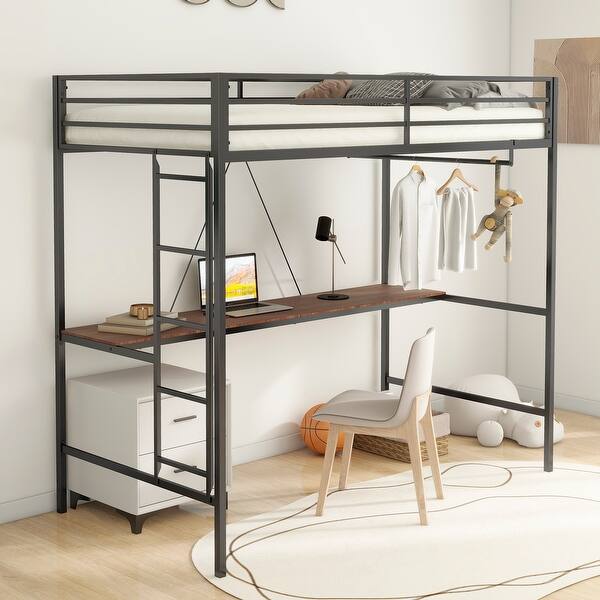 slide 2 of 11, Twin Size Loft Bed with Cinnamon Wood Desk and Closet Rod,Kids Bed Design Black