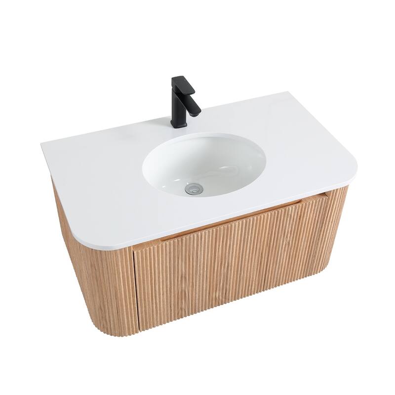 36 Inch Wall Mounted Bathroom Vanity with Sink Curved Design, Modern Floating Vanity Cabinet with Soft Close Drawer