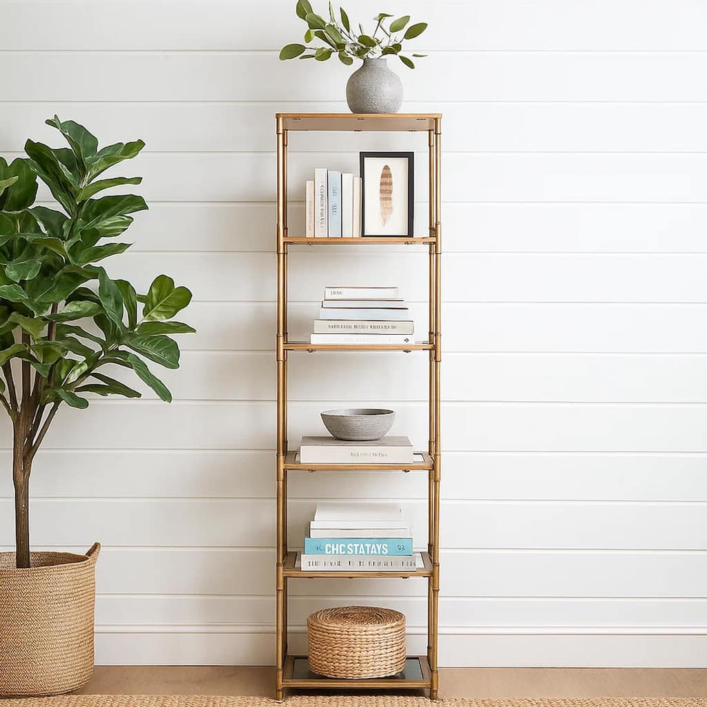 71 Inch Shelf, 6 Tier Design, 5 Glass Shelves, Iron Frame, Gold Finish