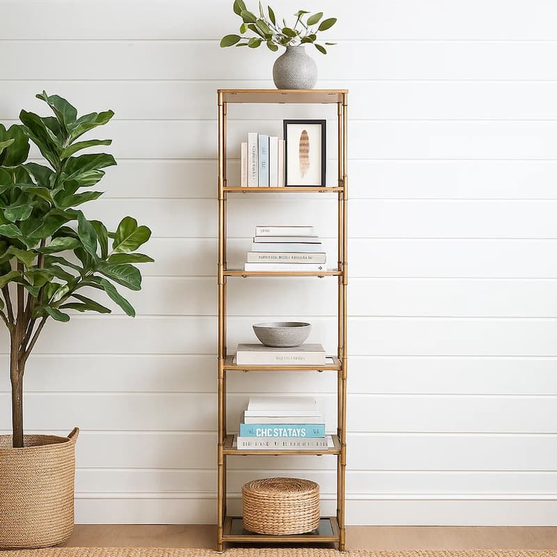 71 Inch Shelf, 6 Tier Design, 5 Glass Shelves, Iron Frame, Gold Finish