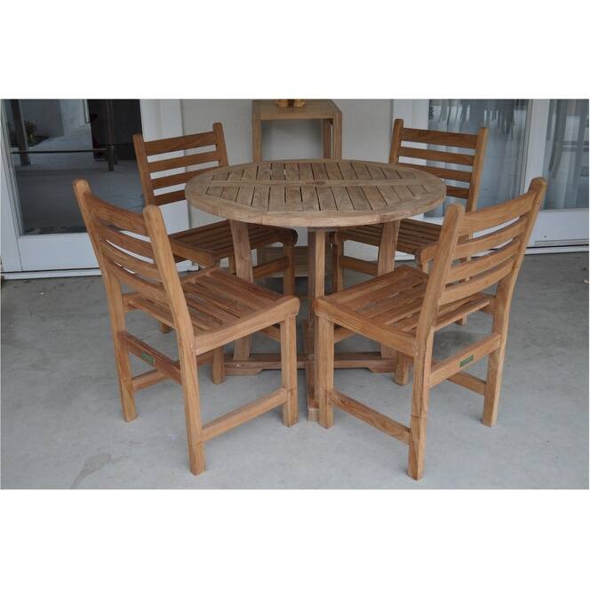 Modern 5-Piece Dining Set - Round Table & 4 Chairs - Teak Wood Outdoor Patio Furniture