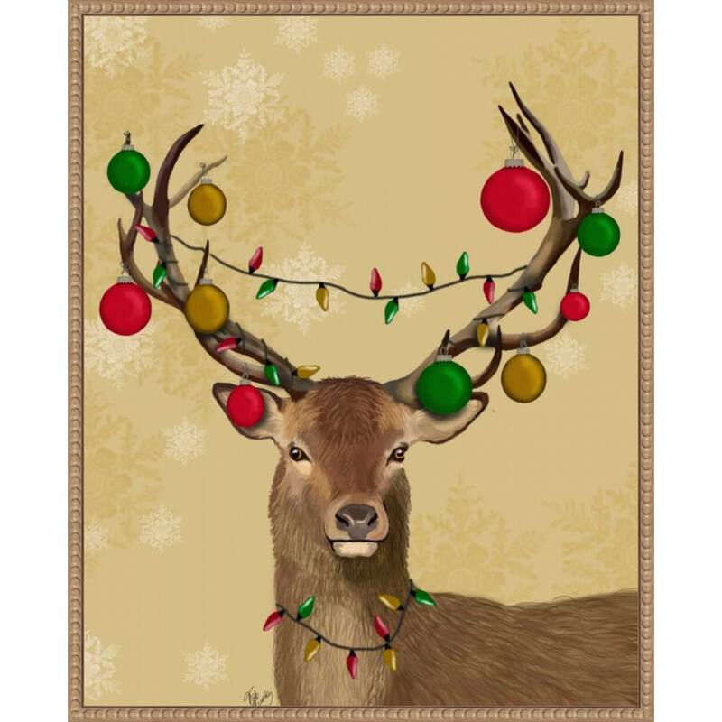 Stag and Baubles by Fab Funky (23 x 28 in.), Framed Canvas Wall Art Print - Sylvie Beaded Rustic Natural