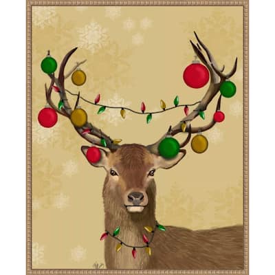 Stag and Baubles by Fab Funky (23 x 28 in.), Framed Canvas Wall Art Print - Sylvie Beaded Rustic Natural