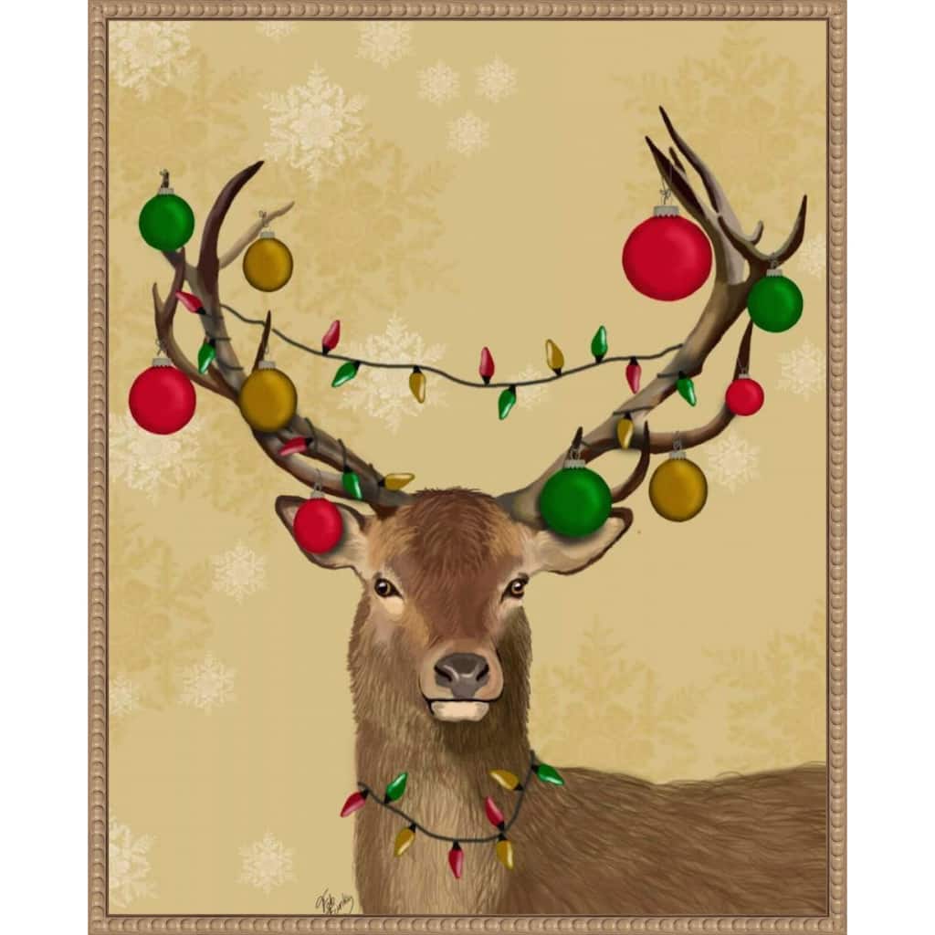Stag and Baubles by Fab Funky (23 x 28 in.), Framed Canvas Wall Art Print - Sylvie Beaded Rustic Natural