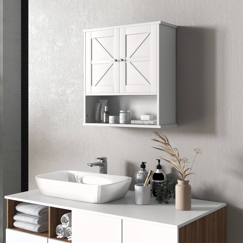 Farmhouse Bathroom Wall Cabinet,Cabinet with Open Shelf & Adjustable Shelf