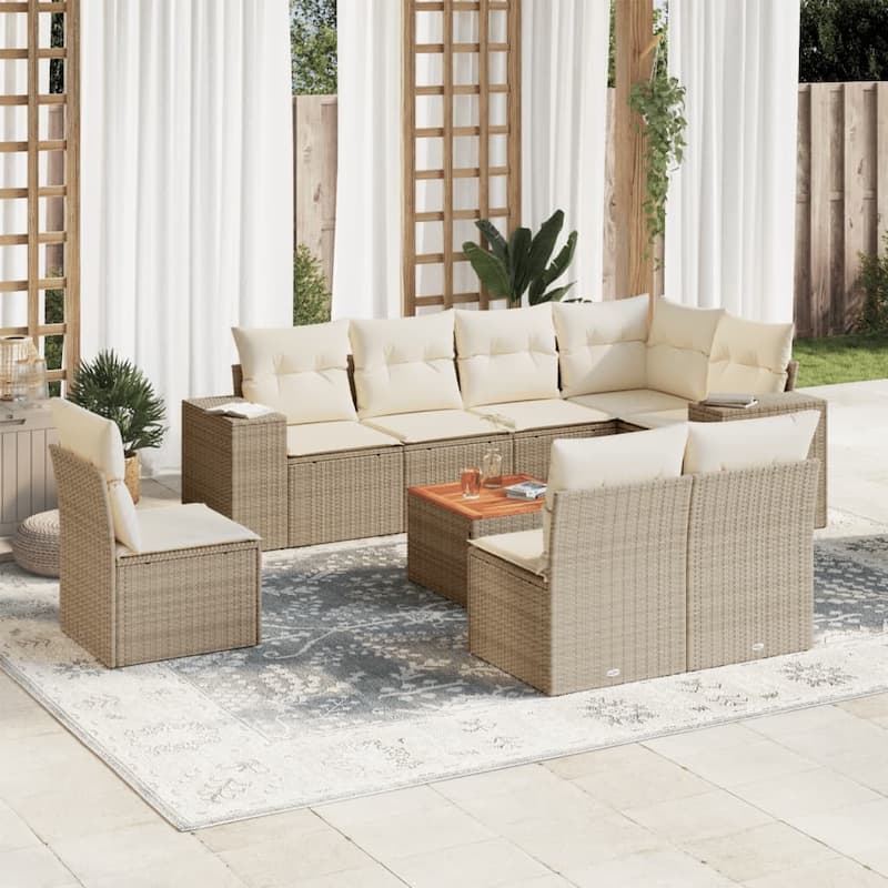 vidaXL Patio Sofa Set with Cushions Outdoor Furniture 9 Piece Poly Rattan - 21.7 x 21.7 x 14.6 - Beige and cream 9 Piece Set