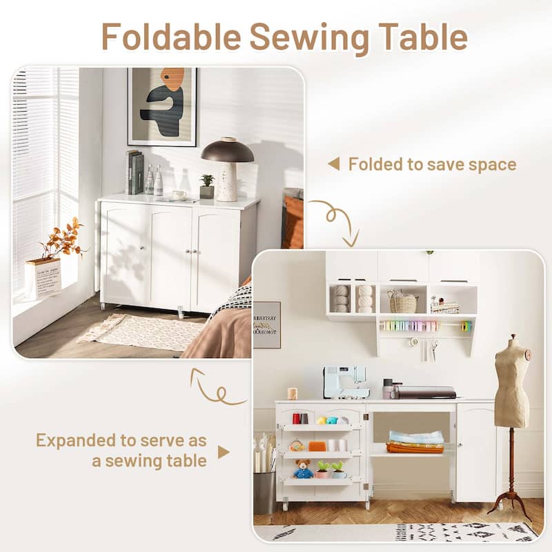 Costway Folding Sewing Table Shelves Storage Cabinet Craft Cart with - See Details