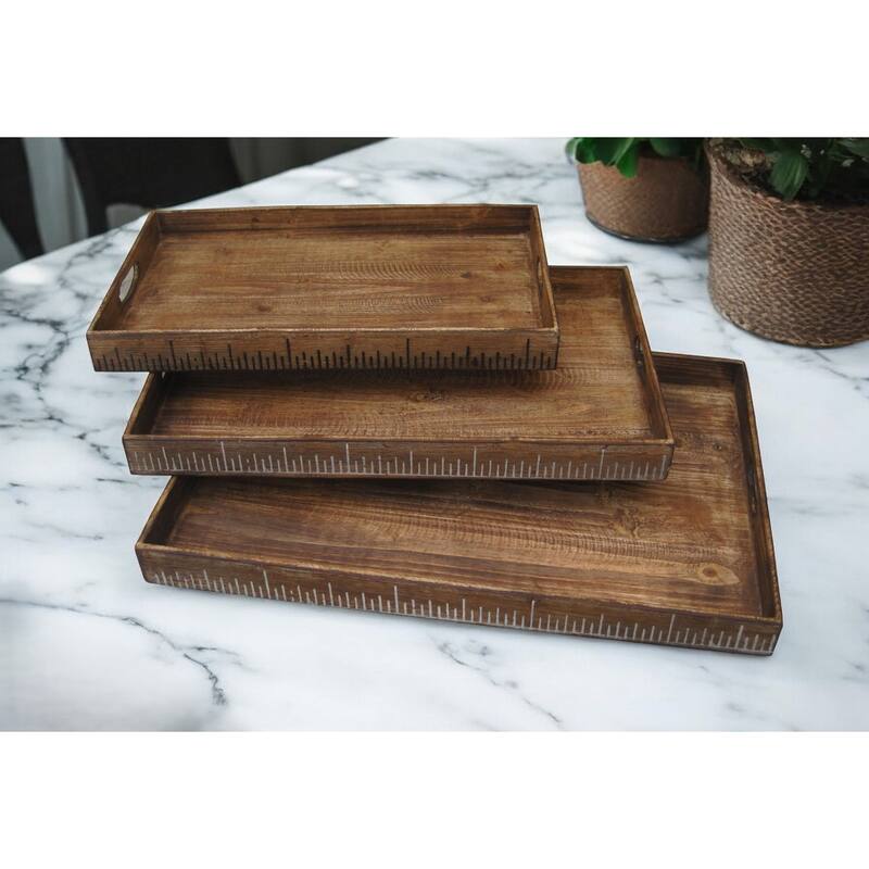 HomeRoots Set of Three Brown Wood Nesting Serving Trays - 1" W x 19" D x 12" H - 1" W x 19" D x 12" H - Brown