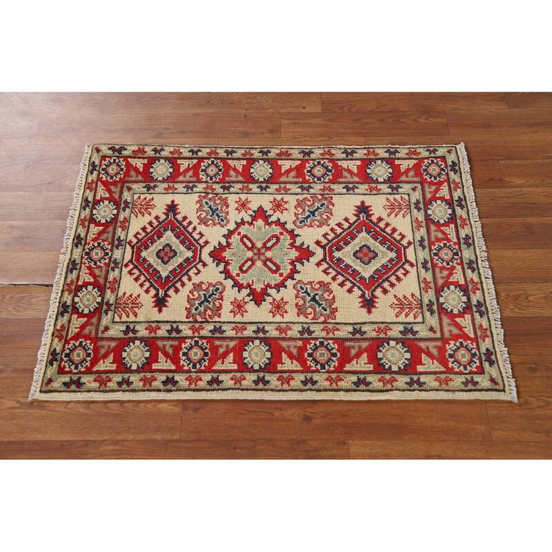 Geometric Kazak Oriental Rug Handmade Traditional Beige Wool Carpet - 2'0" x 3'0"