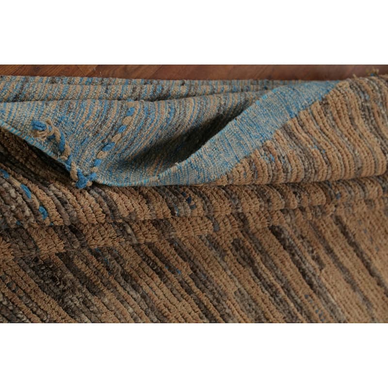 Brown Striped Moroccan Modern Area Rug Hand-Knotted Wool Carpet - 8'9"x 13'0"