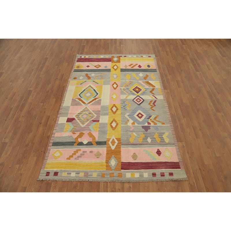 Hand Woven Oriental 100% Wool Carpet Southwestern Tribal Multi-Colored Kilim Area Rug - 8' 4'' X 5' 1''