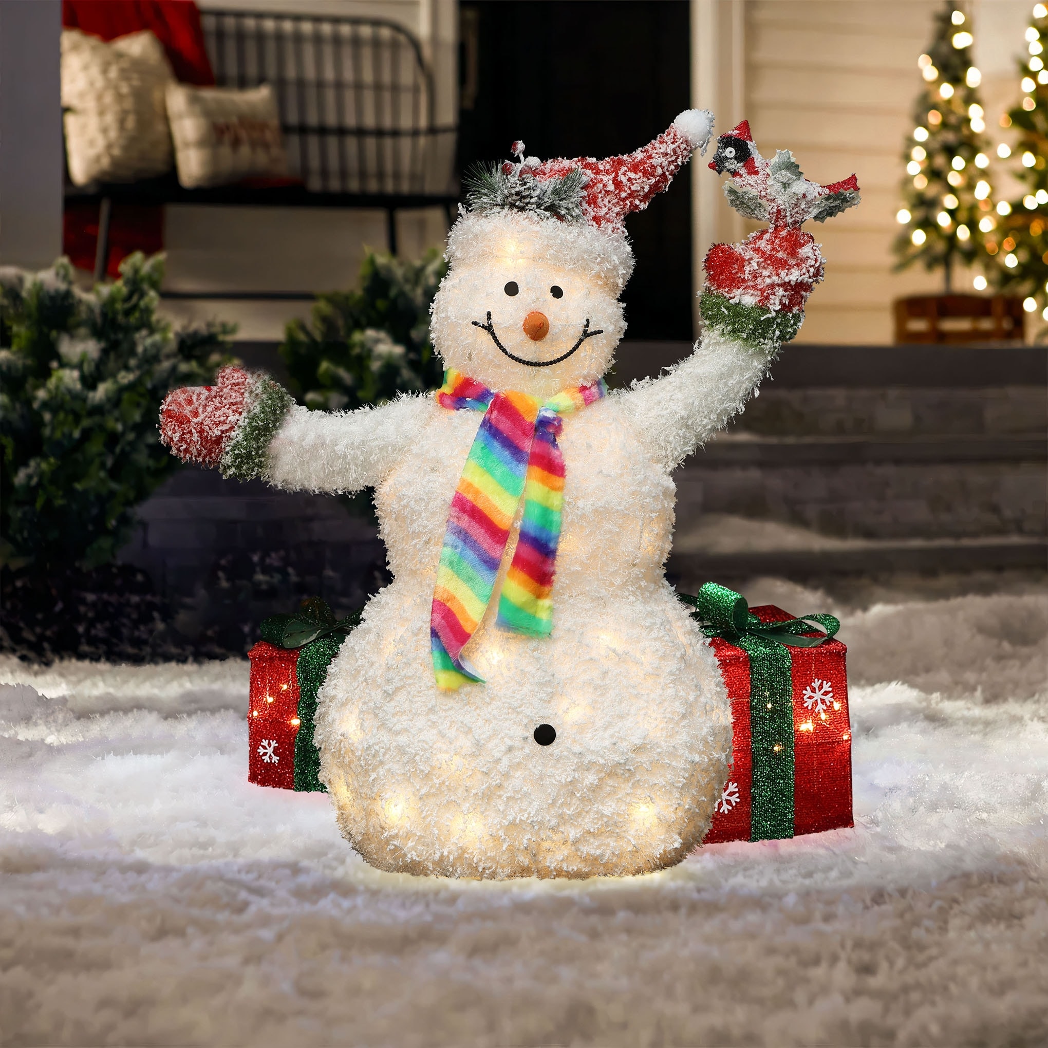 3Ft Lighted White Tinsel Frosted Snowman with Bird Outdoor Holiday Decoration