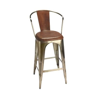 Brown Iron Tall Bar Chair with Gold Frame, Full Back and Footrest - 18” x 21” x 43” (D x W x H)