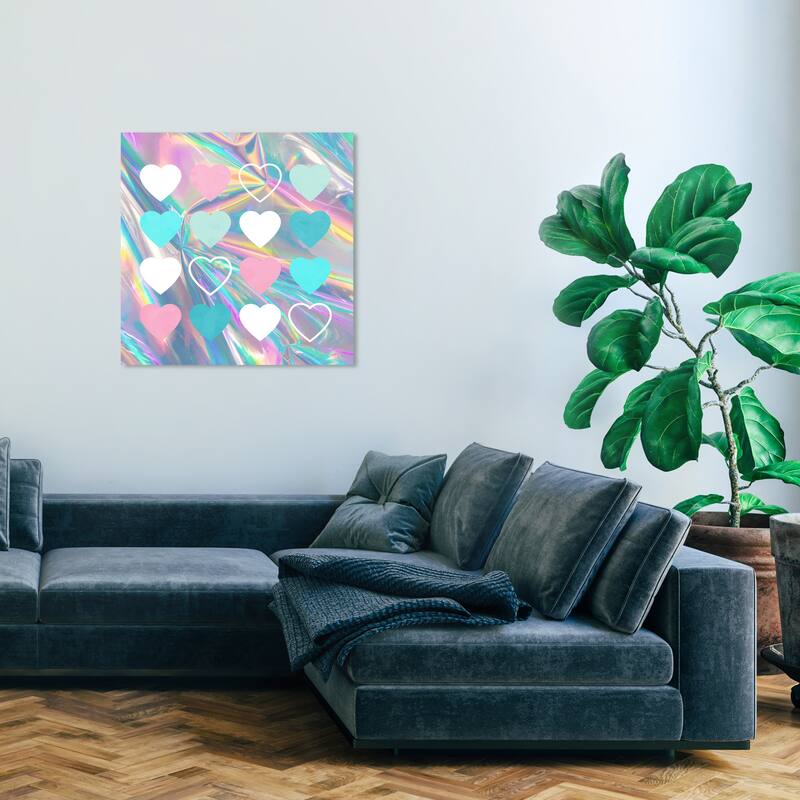 Wynwood Studio Canvas Fashion and Glam Holo Hearts Pink and Turquoise Modern & Contemporary Wall Art Canvas Print - 30 x 30
