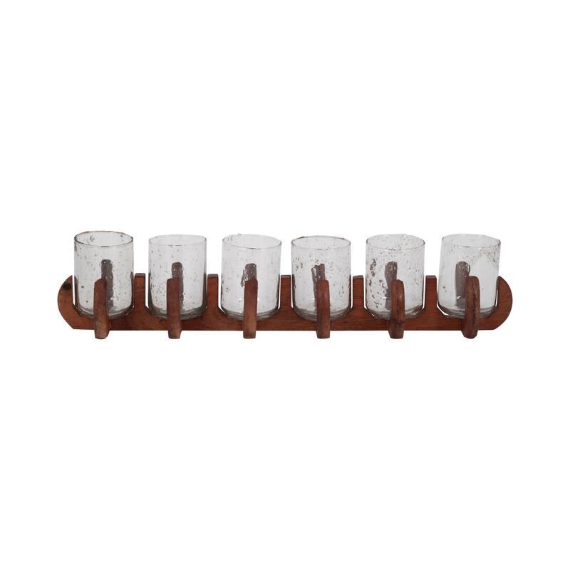 Sagebrook Home Neutral 24-Inch Brown/Clear Glass Votive Candle Holders With Mango Wood Base, Tealight Holder Set - 24" x 5" x 5"