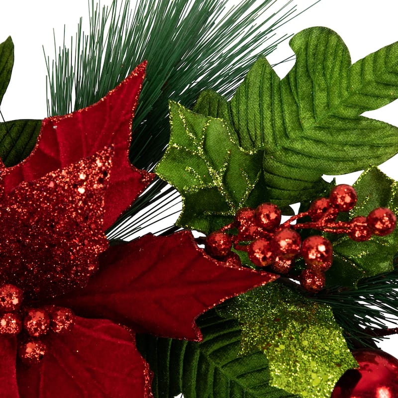 24" Glittered Red Poinsettia and Long Pine Christmas Wreath Unlit