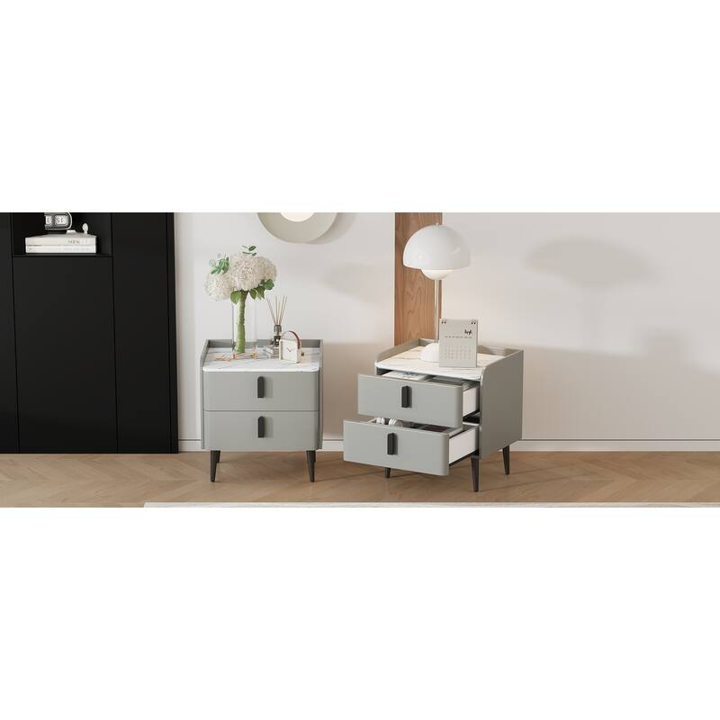 Nightstands Set of 2: 2-Drawer Marble-Pattern Top Modern Bedside/End Table - Gray