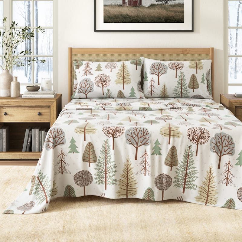 Linery & Co. Winter Turkish Cotton Double-Brushed Flannel Bed Sheet Set - King - Snowy Forest