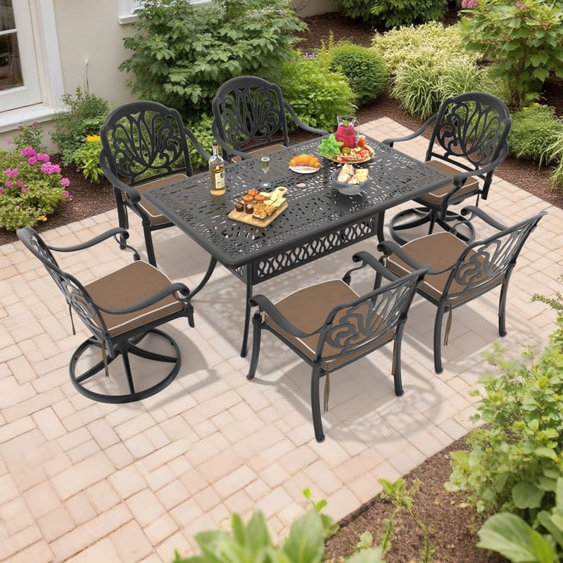 7-Piece Outdoor Dining Set with 1 Table and 6 Chairs, All-Weather Aluminum Outdoor Patio Sets - Black